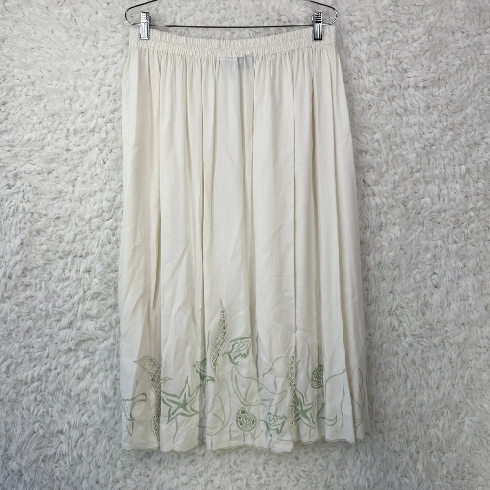 Bali Emerald Skirt 2X Ivory Rayon Embroidered Boho Coastal Cottagecore